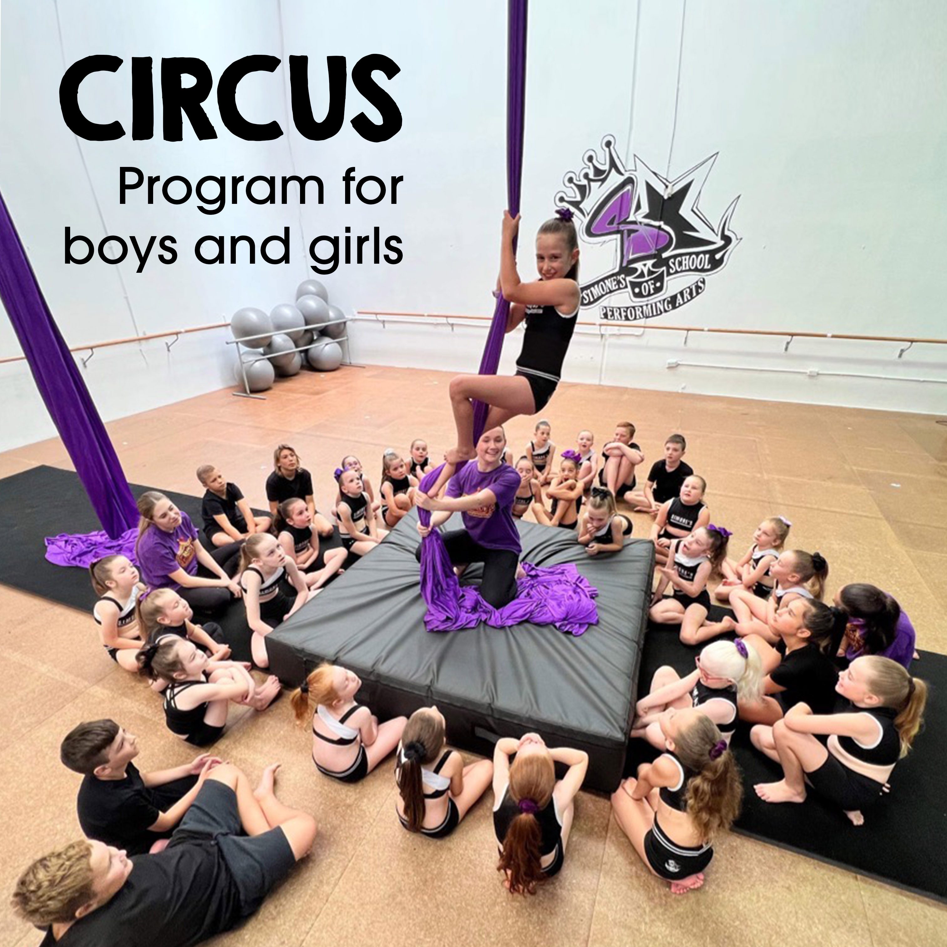 Students aged 10-12 loving their circus class at Simone's School of Performing Arts in Berkeley Vale, cheering each other on and having fun.