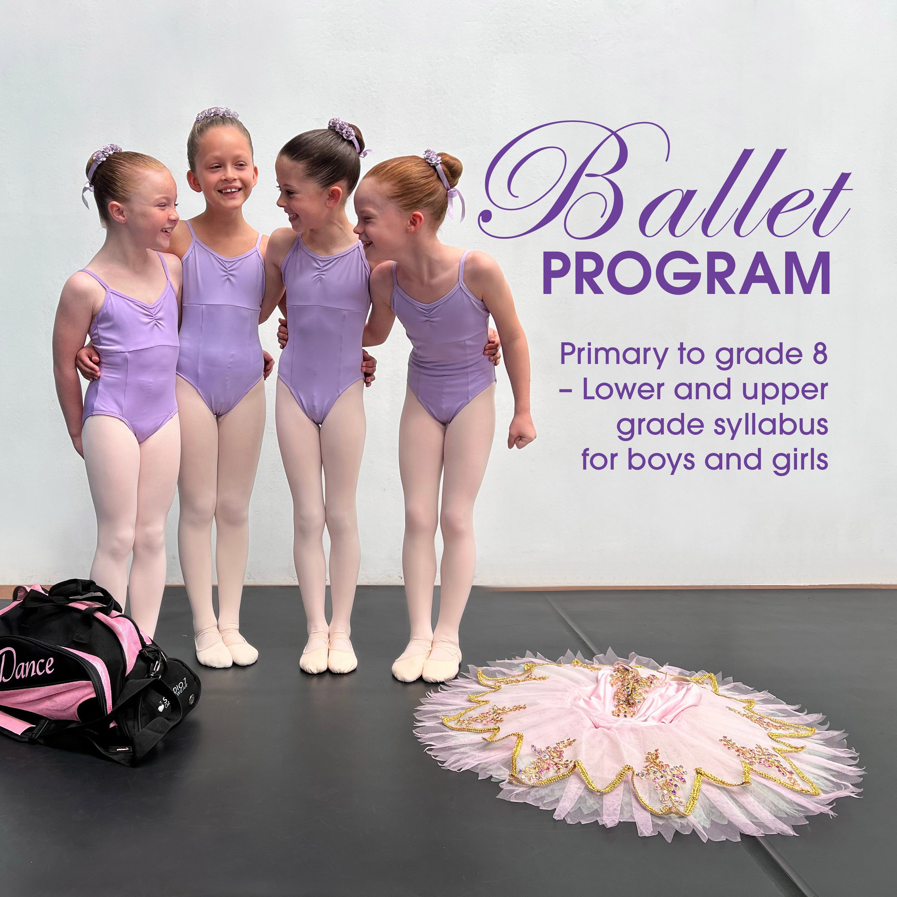 Students aged 13 and up in ballet programs at Simone's School of Performing Arts in Berkeley Vale, laughing and smiling with arms around each other.