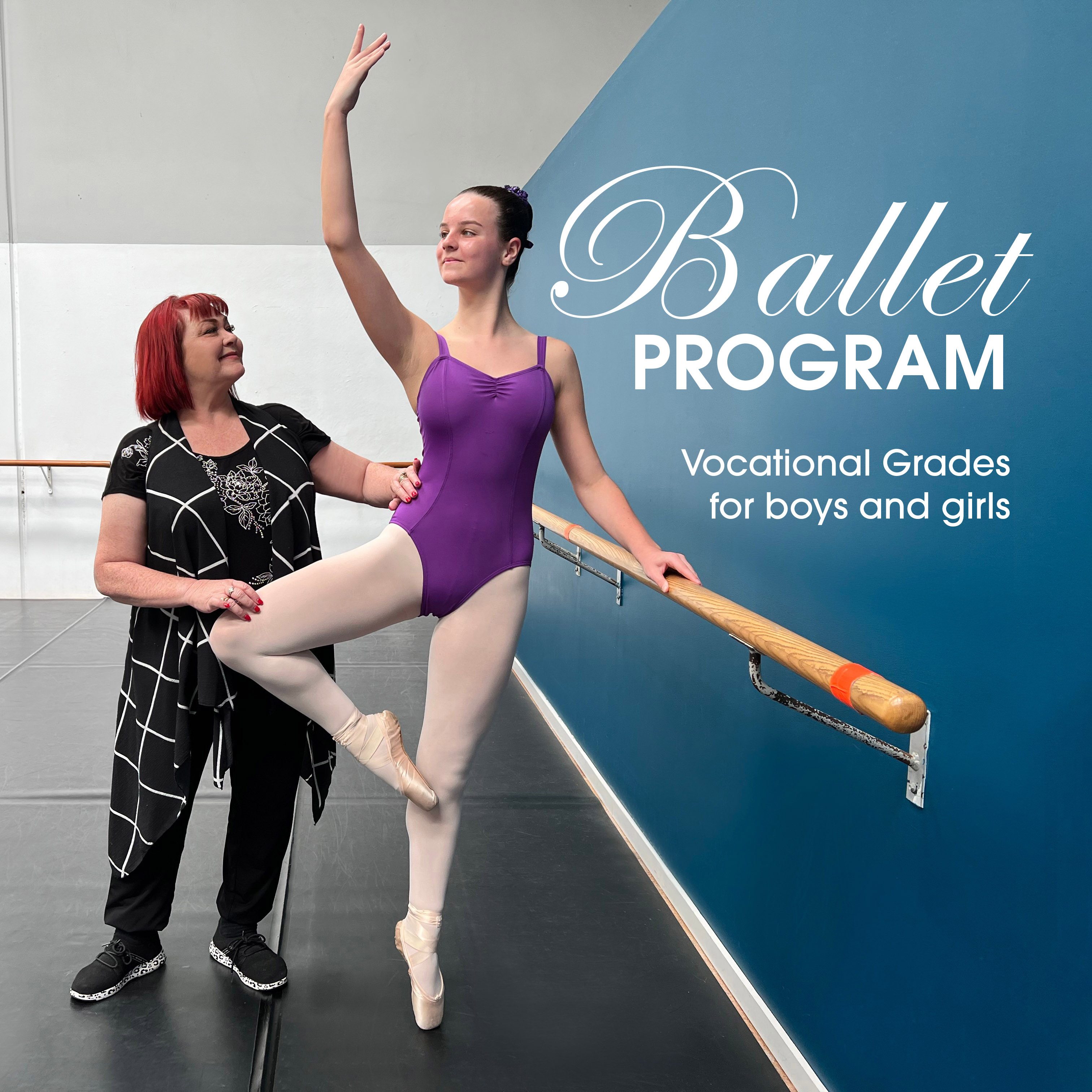 Vocational ballet grades teacher helping student aged 13 and up with technique at Simone's School of Performing Arts in Berkeley Vale.