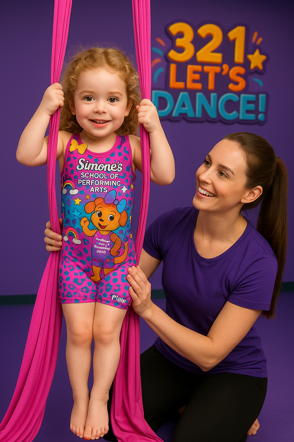 Preschool student being helped in their Lil Circus class at Simone's School of Performing Arts in Berkeley Vale, learning circus skills.