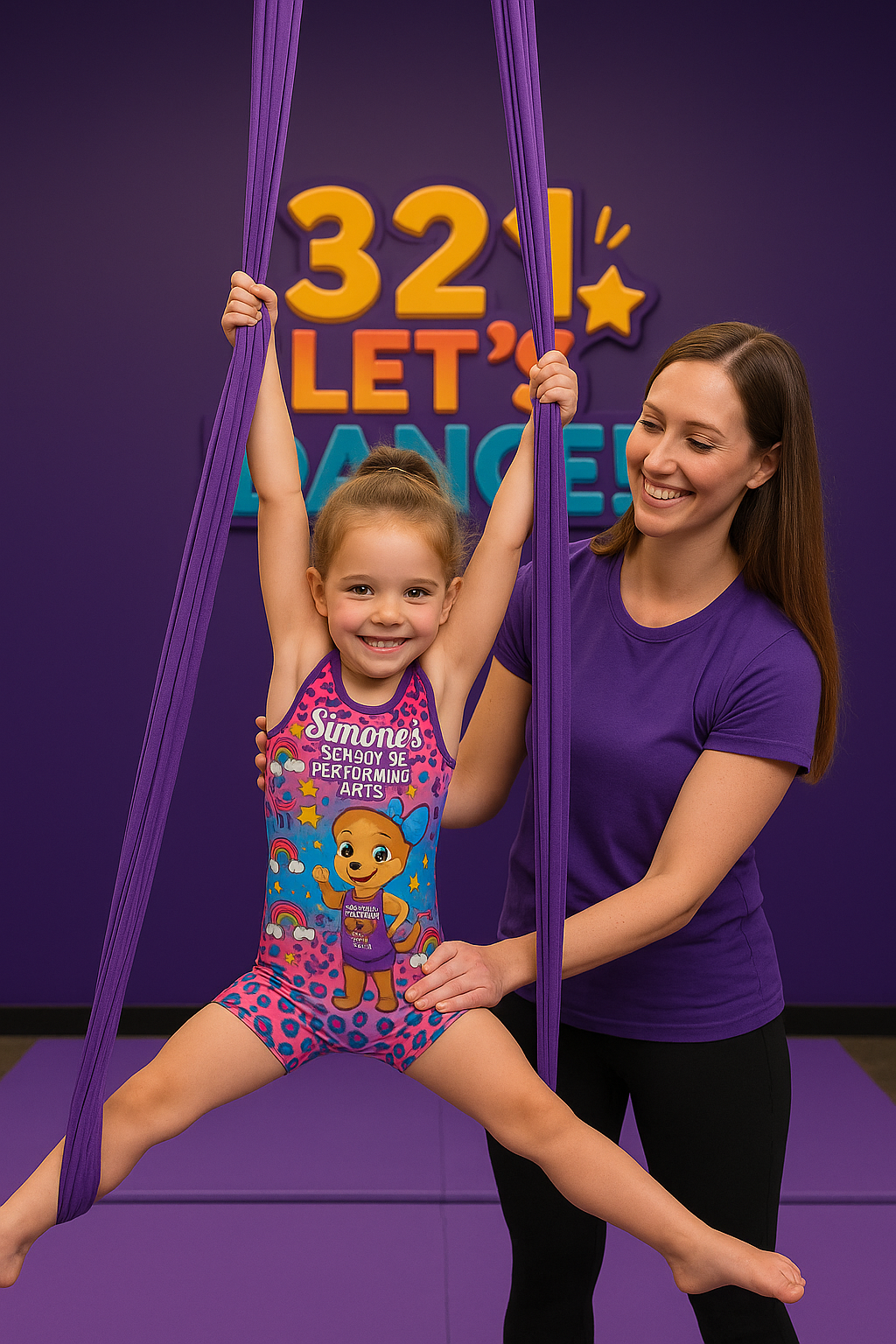 Preschool student doing a new skill with teacher's help in Lil Circus class at Simone's School of Performing Arts in Berkeley Vale.