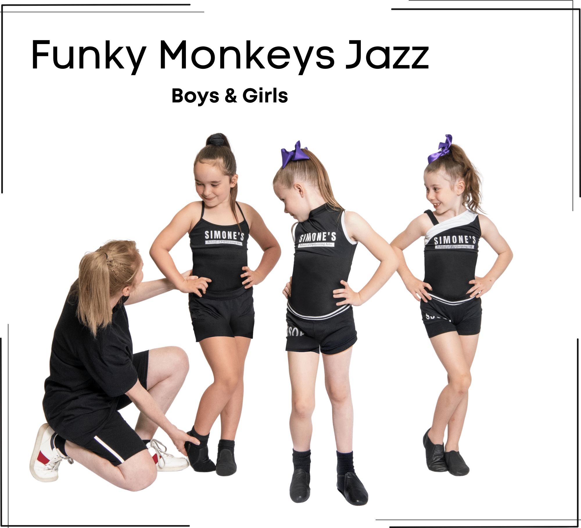 Kids aged 5-6 in their jazz class with their teacher smiling at Simone's School of Performing Arts in Berkeley Vale, enjoying jazz dance for kids